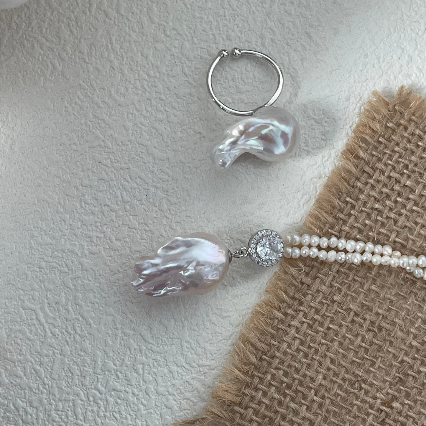 Cool White Giant Nucleated Baroque Freshwater Pearl Silver Ring
