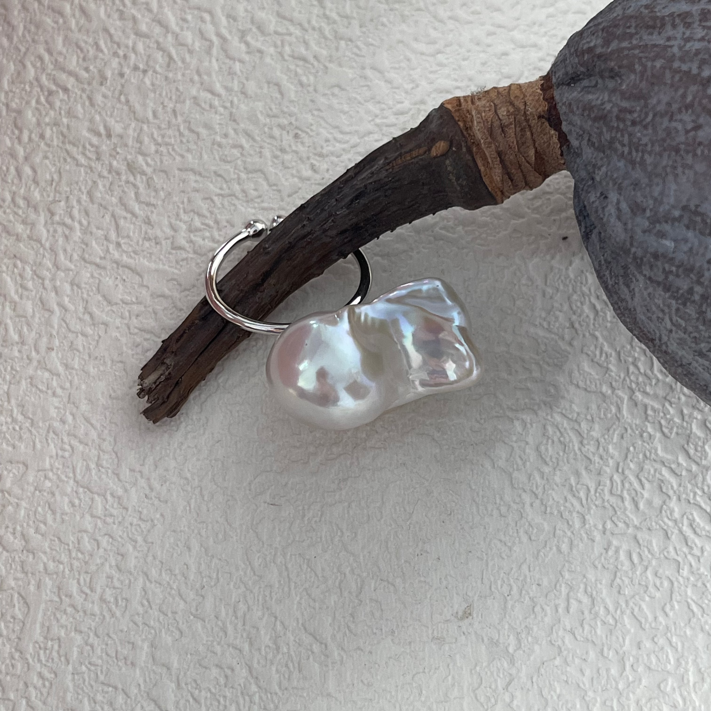Cool White Giant Nucleated Baroque Freshwater Pearl Silver Ring