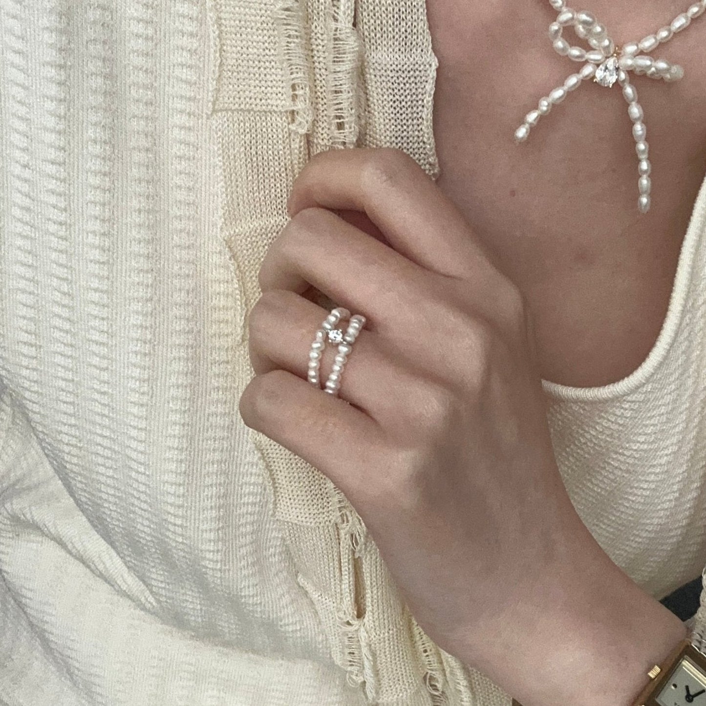 Rice-Shaped Baroque Freshwater Pearl Double Row Layered Ring