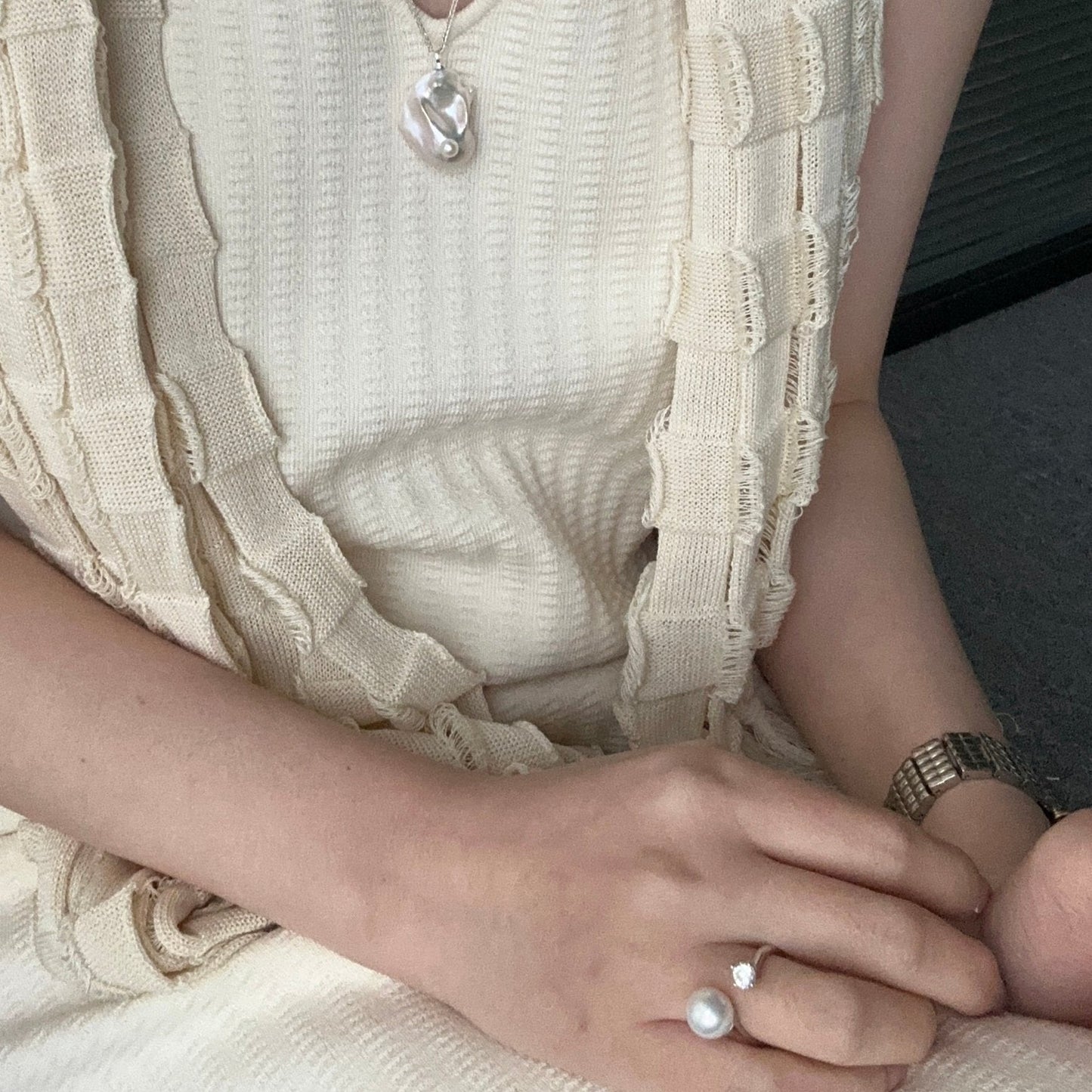 Natural Freshwater Pearl Half-Hoop Diamond Ring