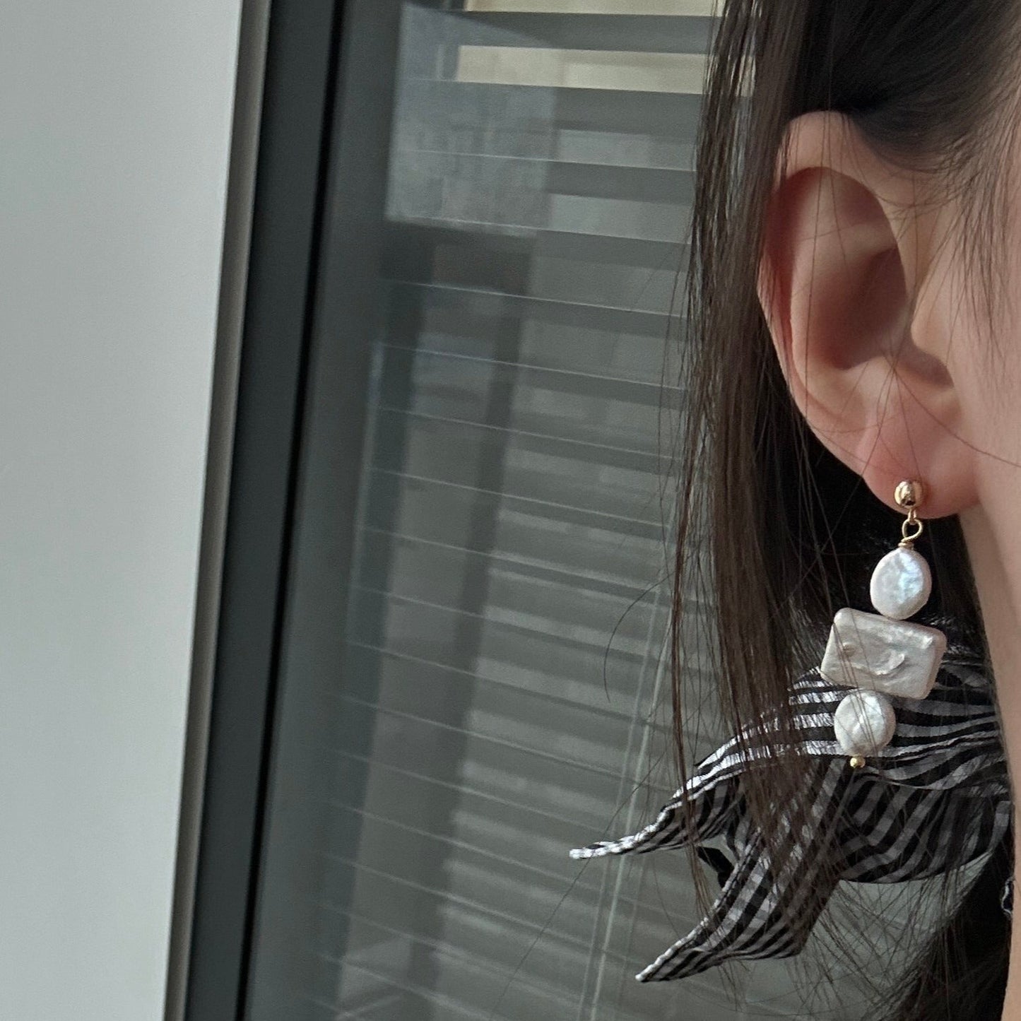 8-10mm White Baroque Freshwater Pearl Geometric Triple Drop Earrings