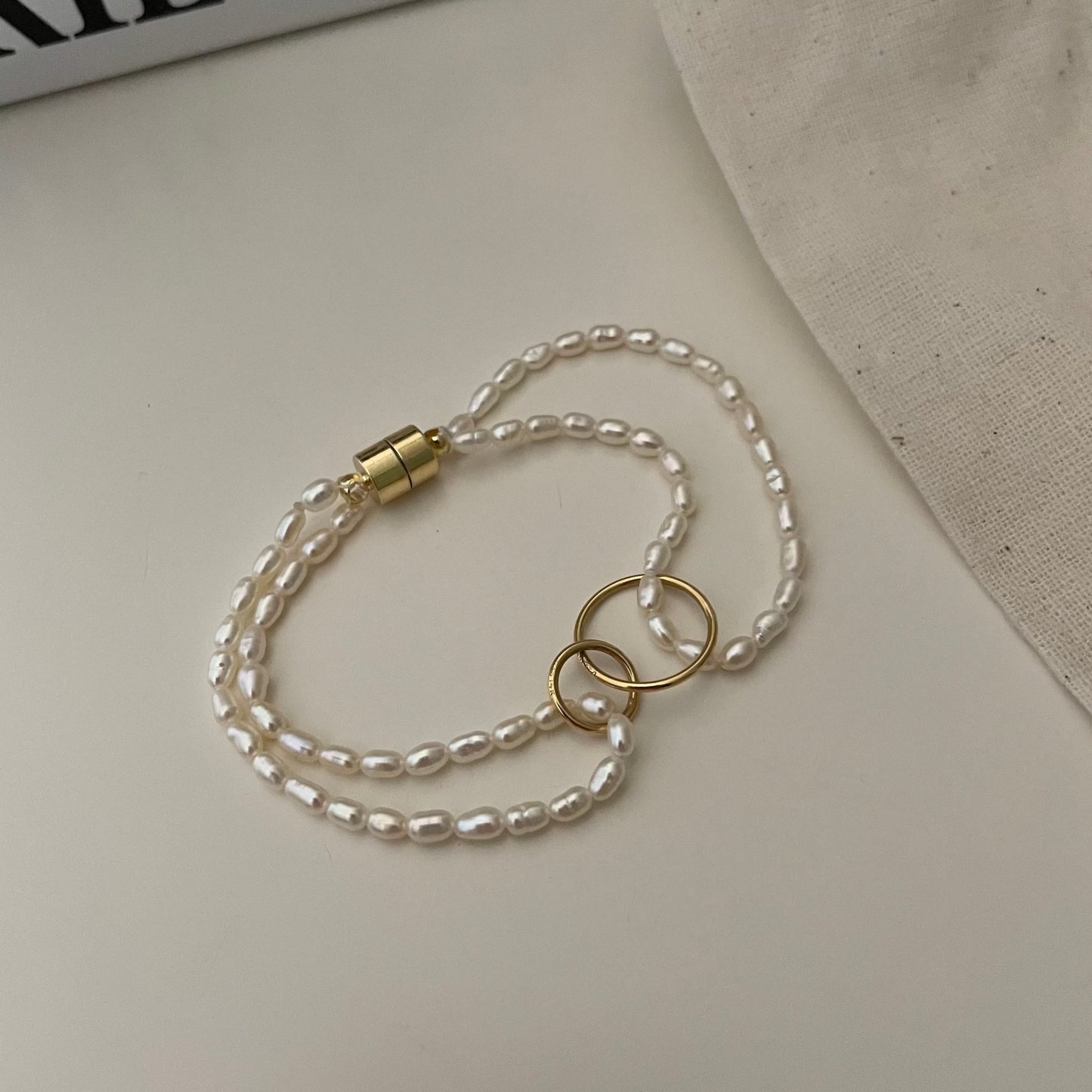 4-6mm Rice-Shaped Baroque Freshwater Pearl Double Ring Bracelet