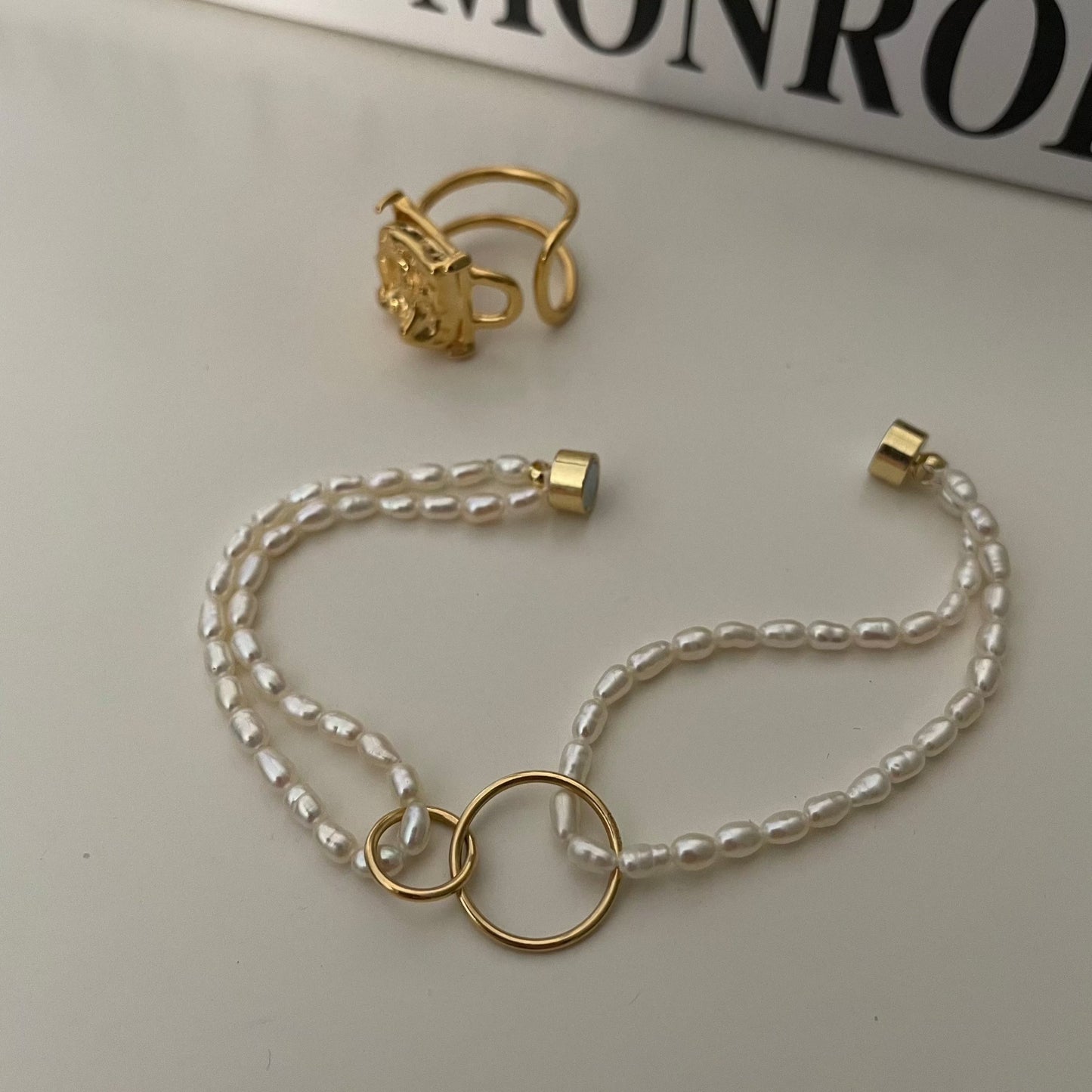4-6mm Rice-Shaped Baroque Freshwater Pearl Double Ring Bracelet