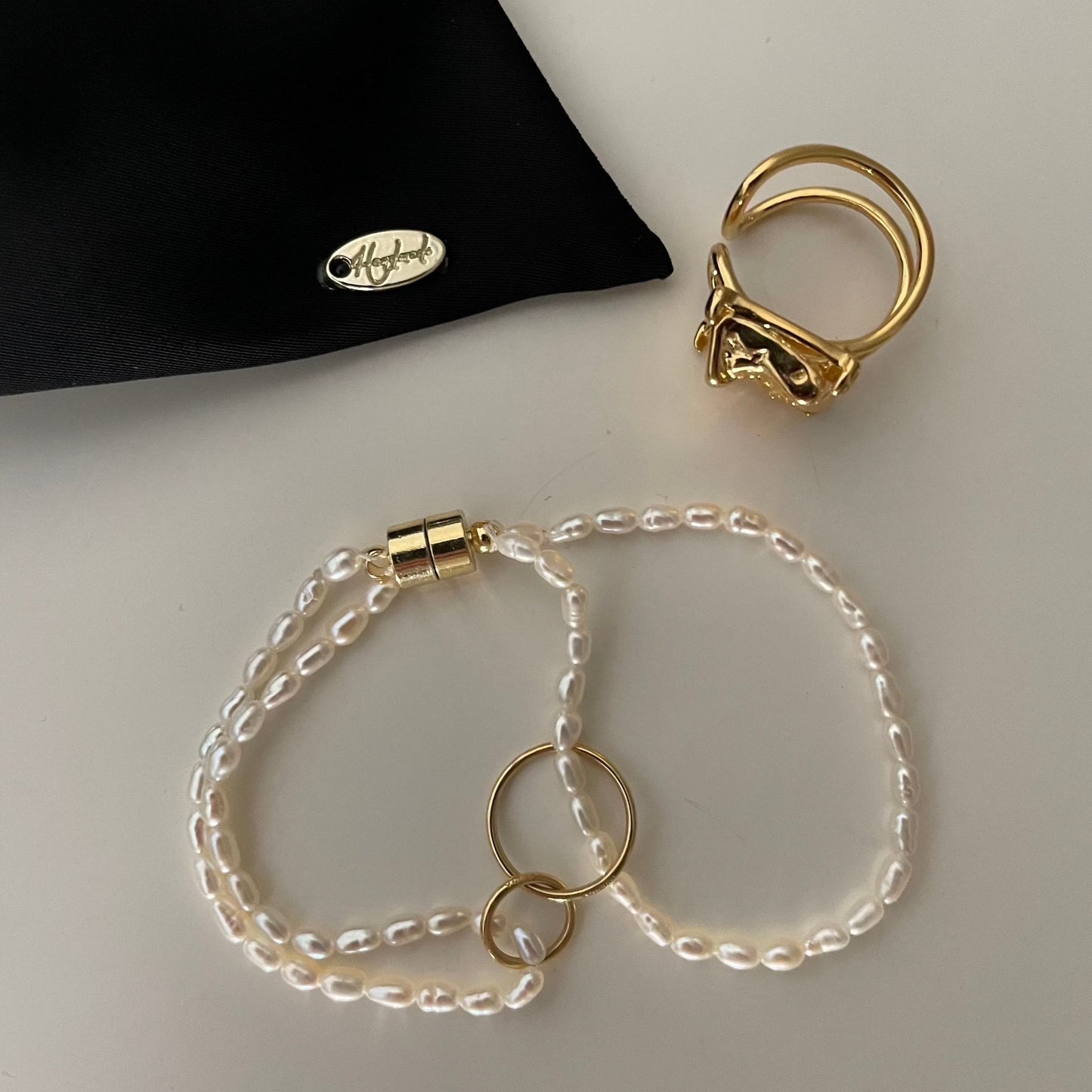 4-6mm Rice-Shaped Baroque Freshwater Pearl Double Ring Bracelet
