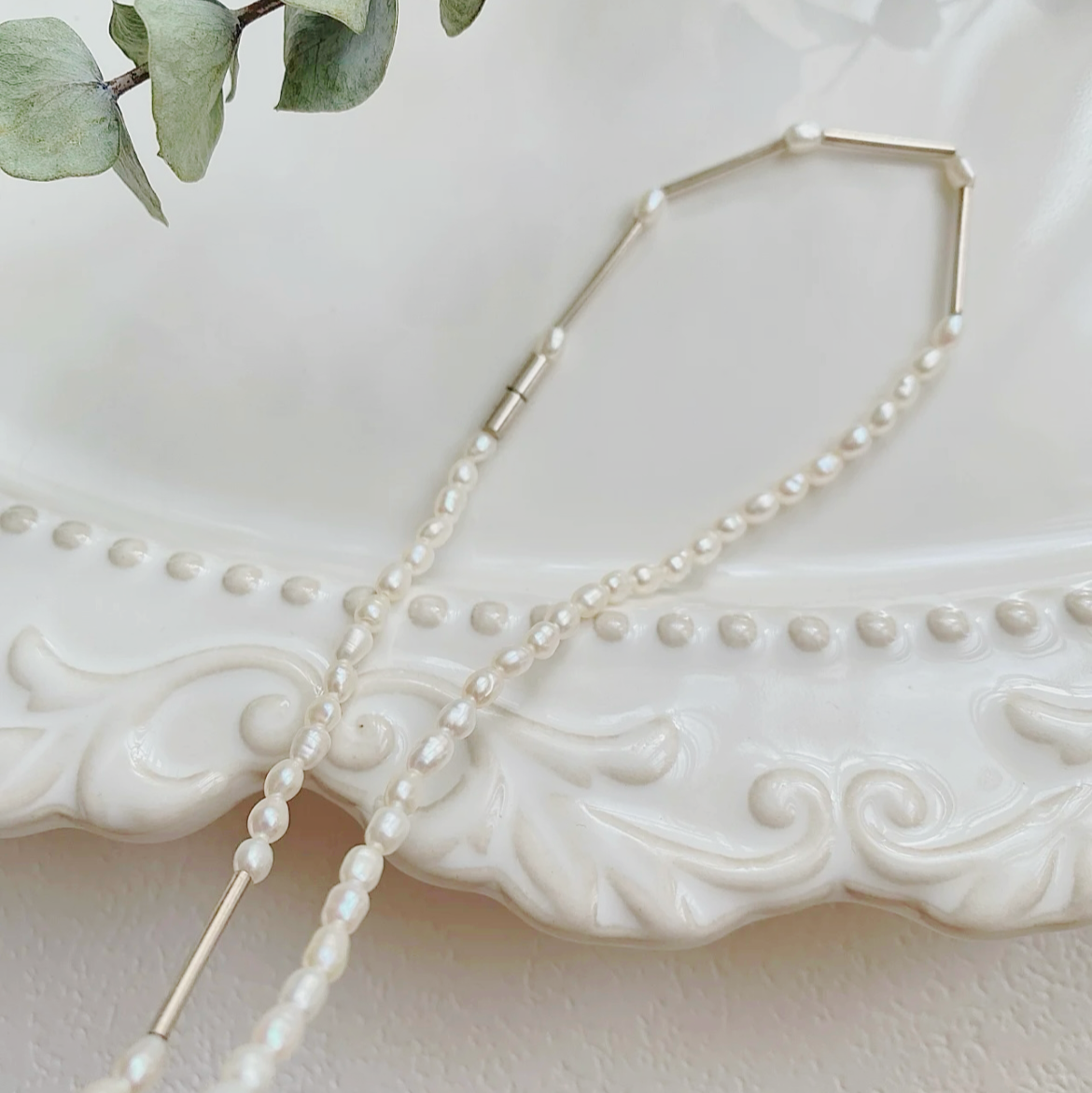 3-4mm Rice-Shaped Baroque Freshwater Pearl Silver Tube Industrial Necklace