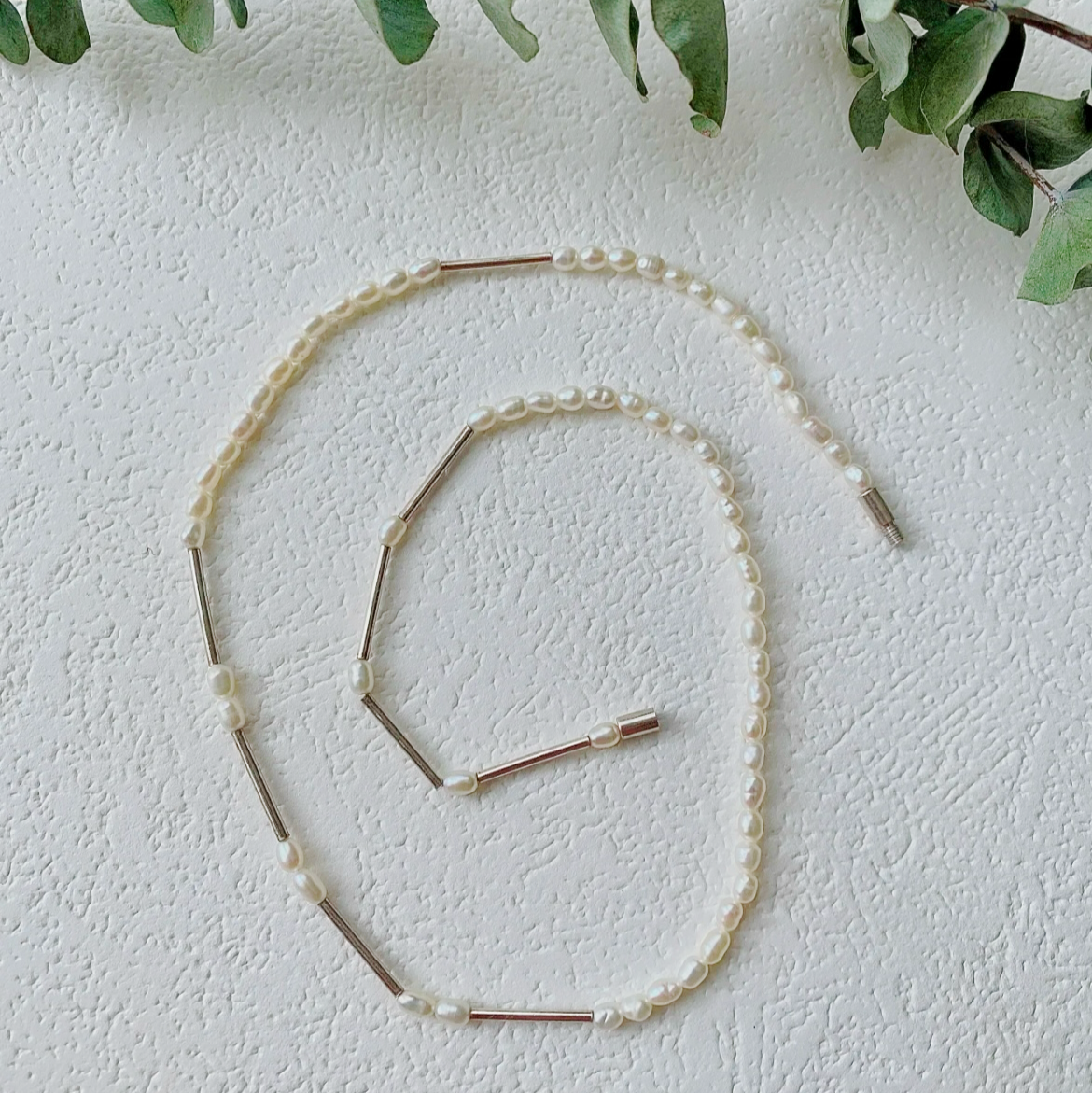 3-4mm Rice-Shaped Baroque Freshwater Pearl Silver Tube Industrial Necklace