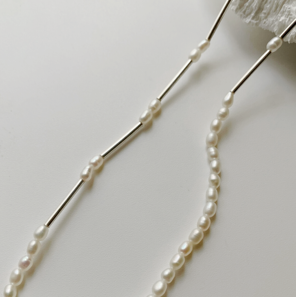 3-4mm Rice-Shaped Baroque Freshwater Pearl Silver Tube Industrial Necklace