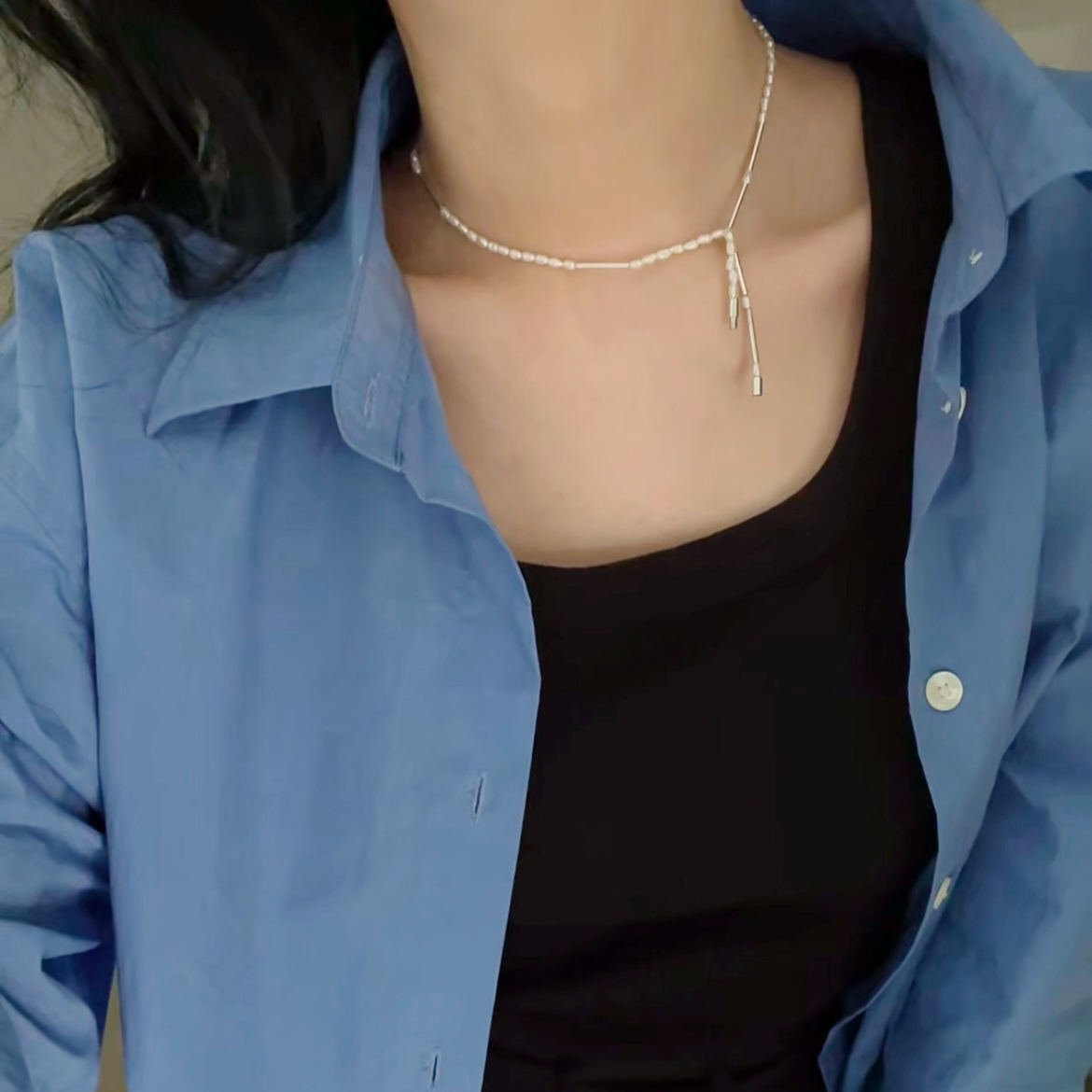 3-4mm Rice-Shaped Baroque Freshwater Pearl Silver Tube Industrial Necklace