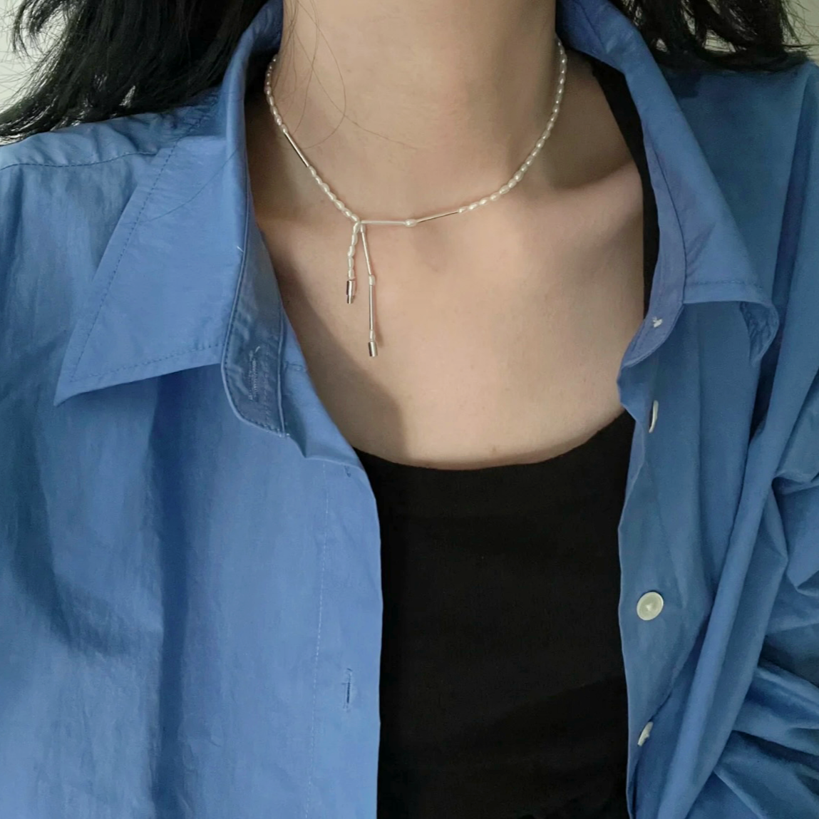 3-4mm Rice-Shaped Baroque Freshwater Pearl Silver Tube Industrial Necklace