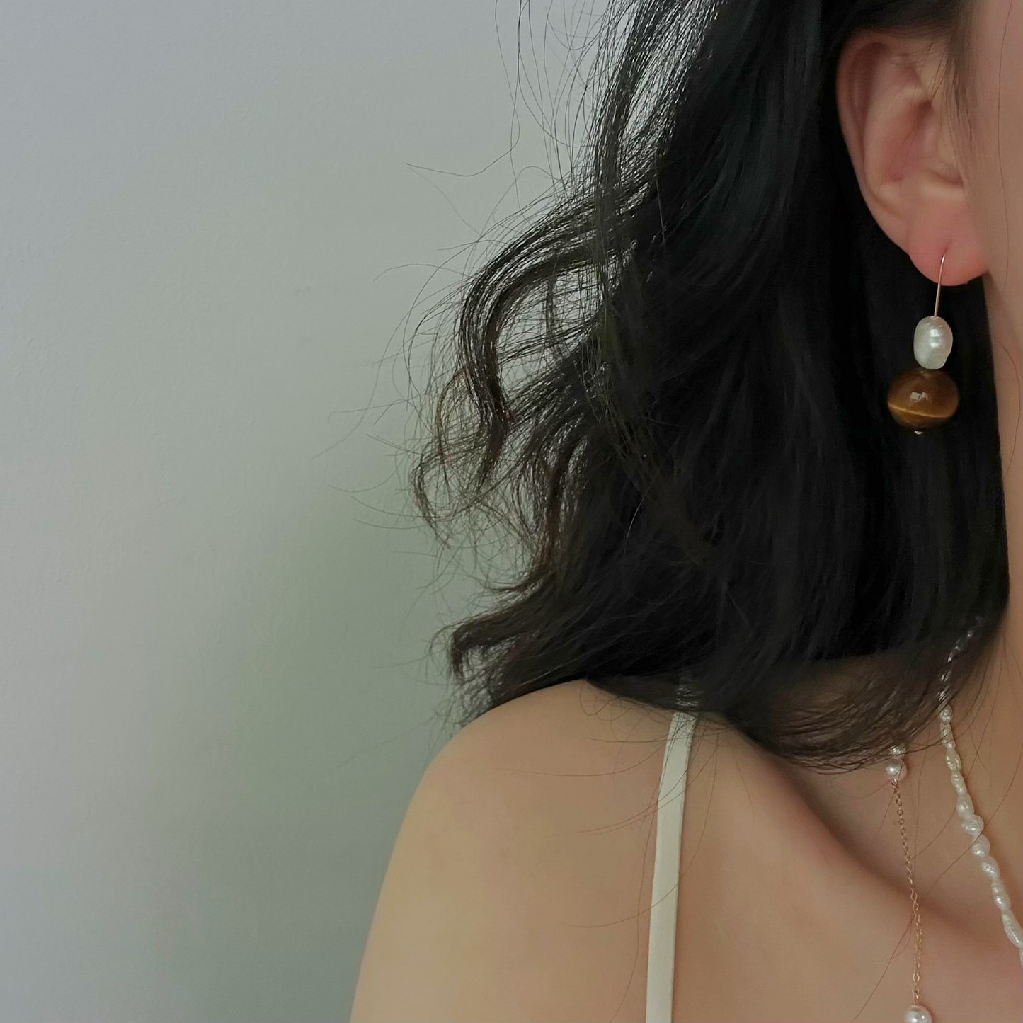 5-6mm Baroque Freshwater Pearl & Amber 'Earth' Drop Earrings