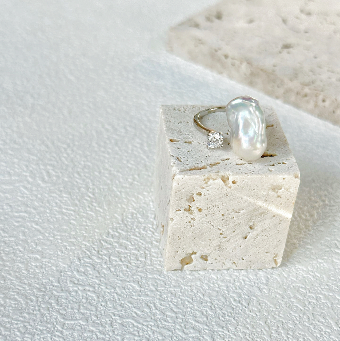 Silver-Blue Baroque Freshwater Pearl Half-Hoop Diamond Ring