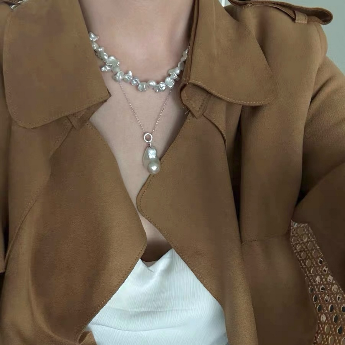 24-28mm Freshwater Baroque Pearl Double Circle Diamond Necklace