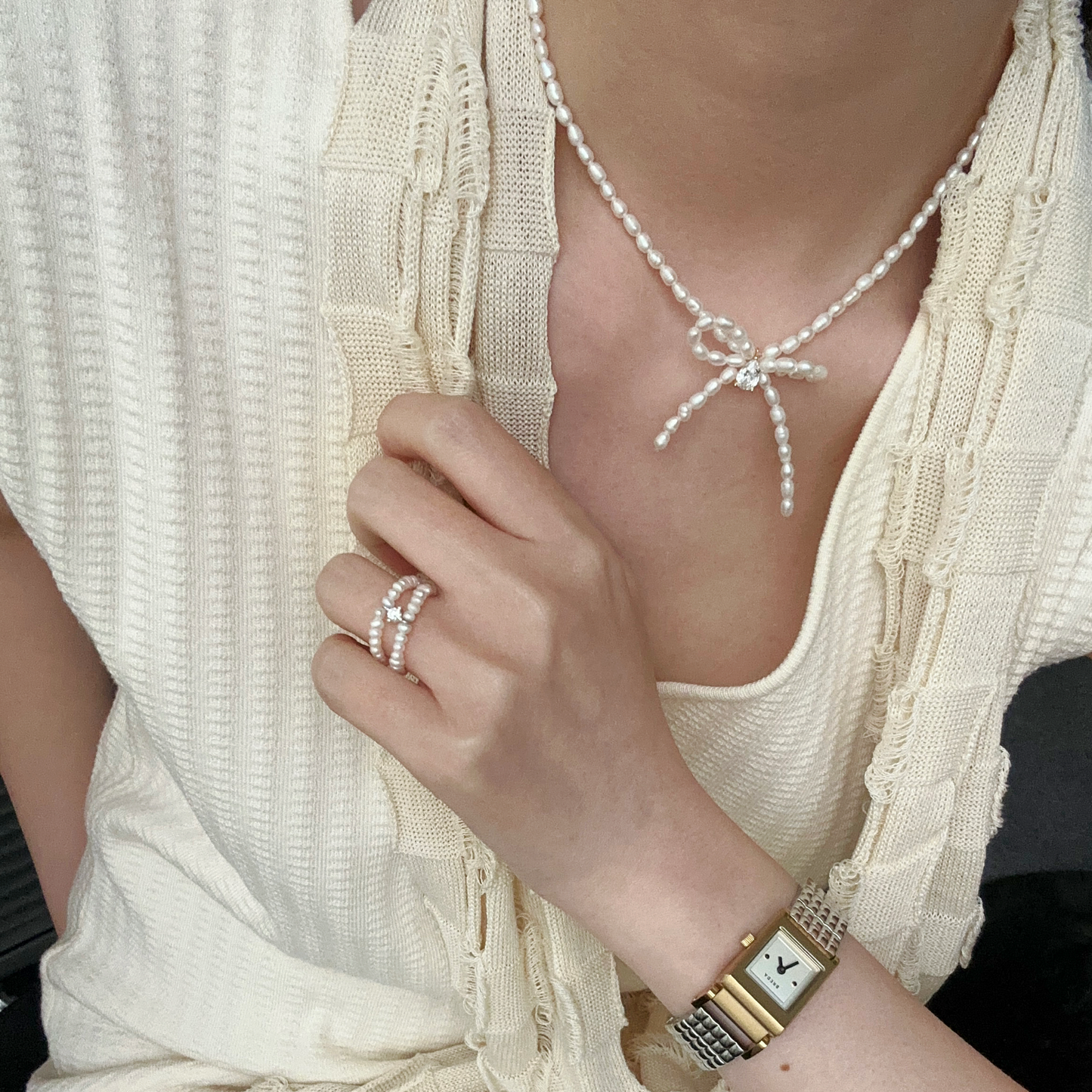 3-4mm Rice-Shaped Baroque Freshwater Pearl 'Sincerest Memories' Bow Necklace