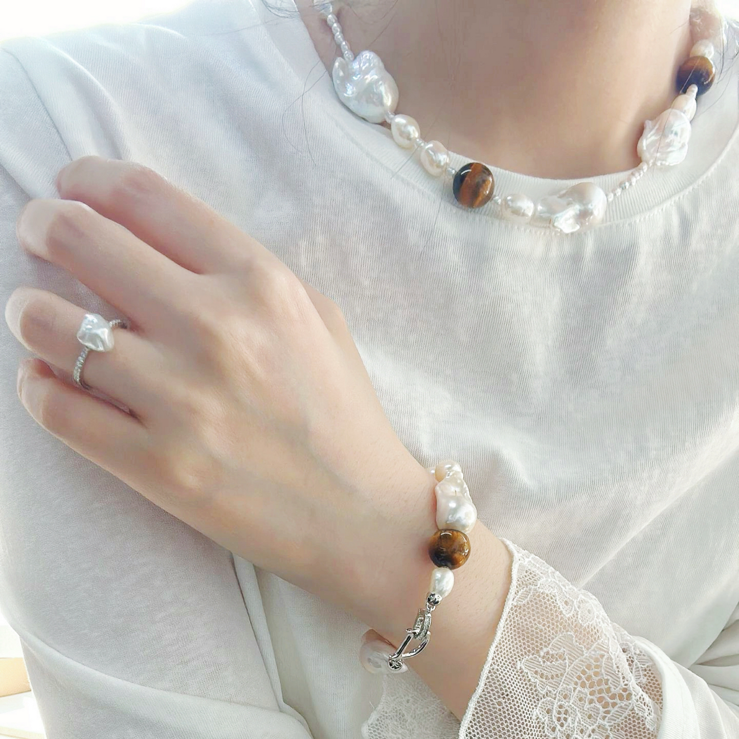 Natural Baroque Freshwater Pearl Mixed Amber Bracelet