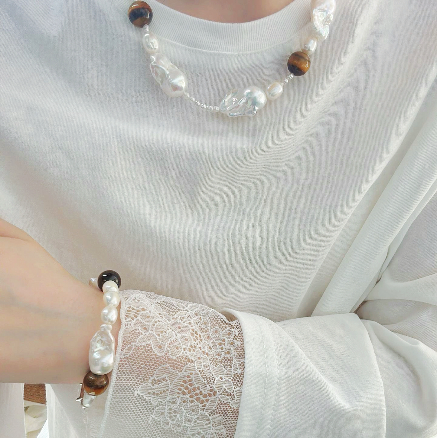 Natural Baroque Freshwater Pearl Mixed Amber Bracelet