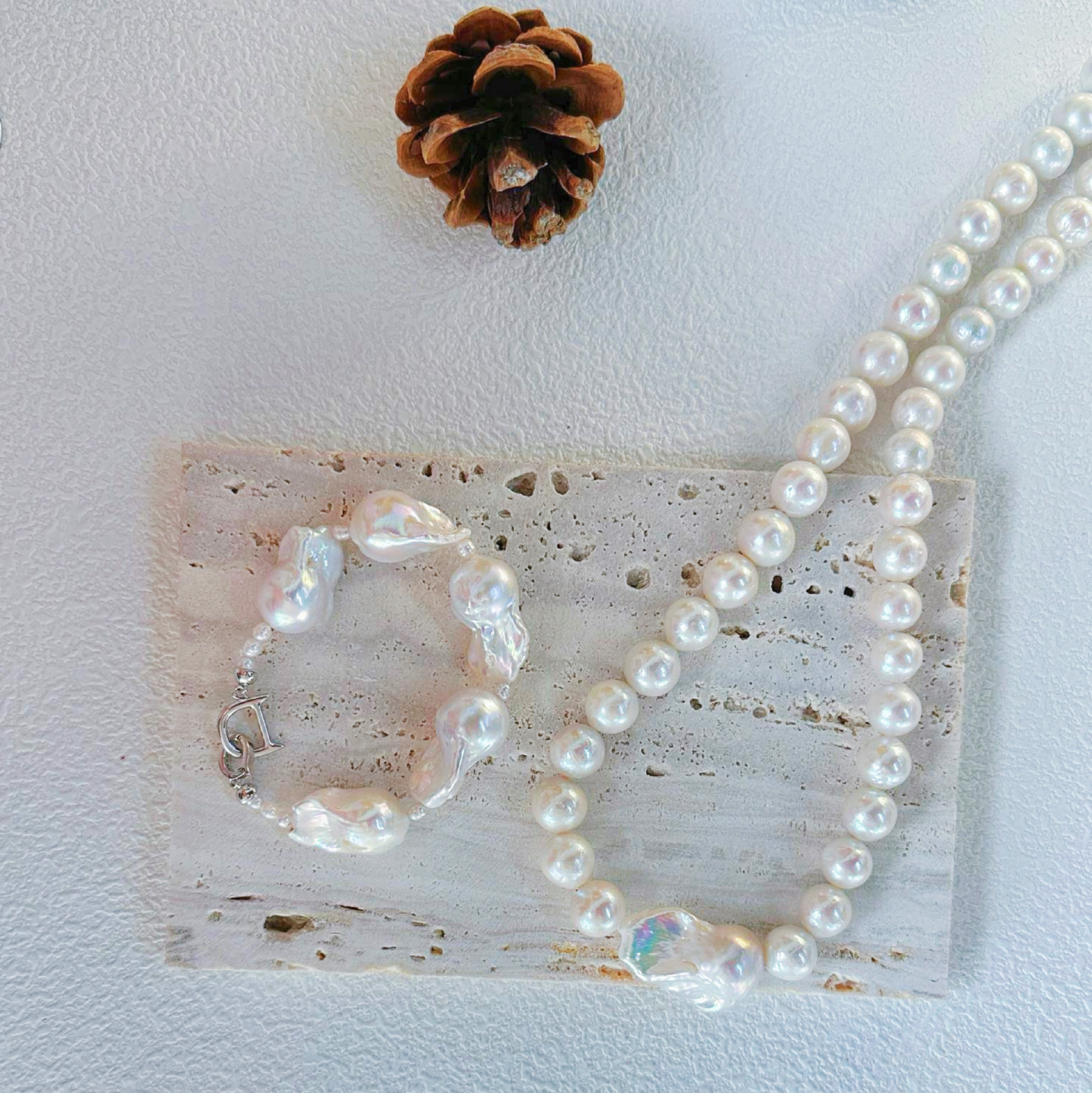 9-10mm White Edison Freshwater Pearl & Fishtail-Shaped Baroque Freshwater Pearl 'Rules and Freedom' Necklace