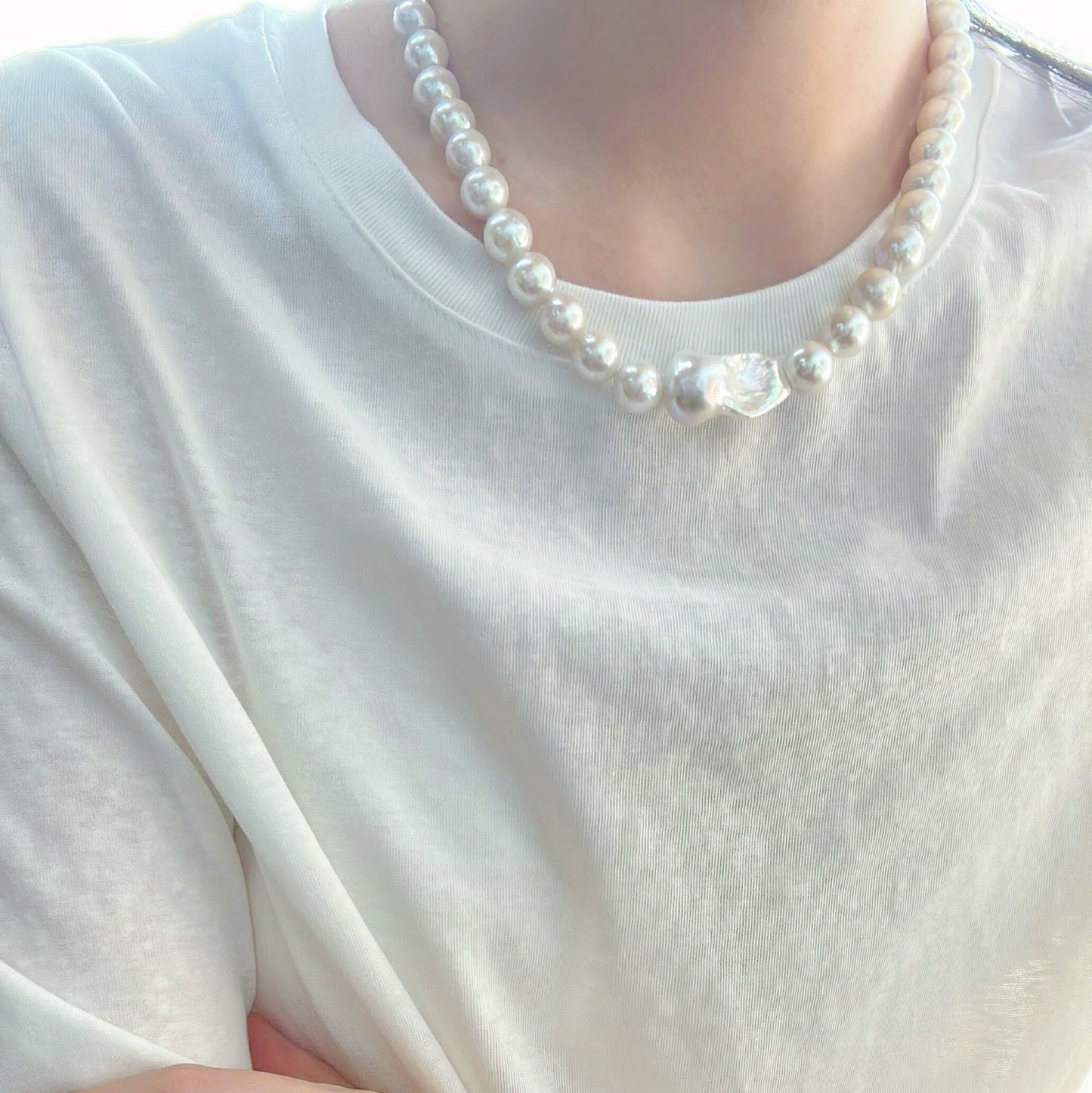 9-10mm White Edison Freshwater Pearl & Fishtail-Shaped Baroque Freshwater Pearl 'Rules and Freedom' Necklace