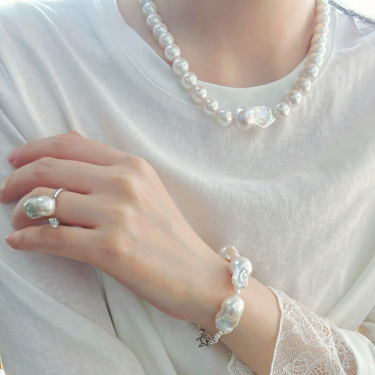 Silver-Blue Baroque Freshwater Pearl Half-Hoop Diamond Ring