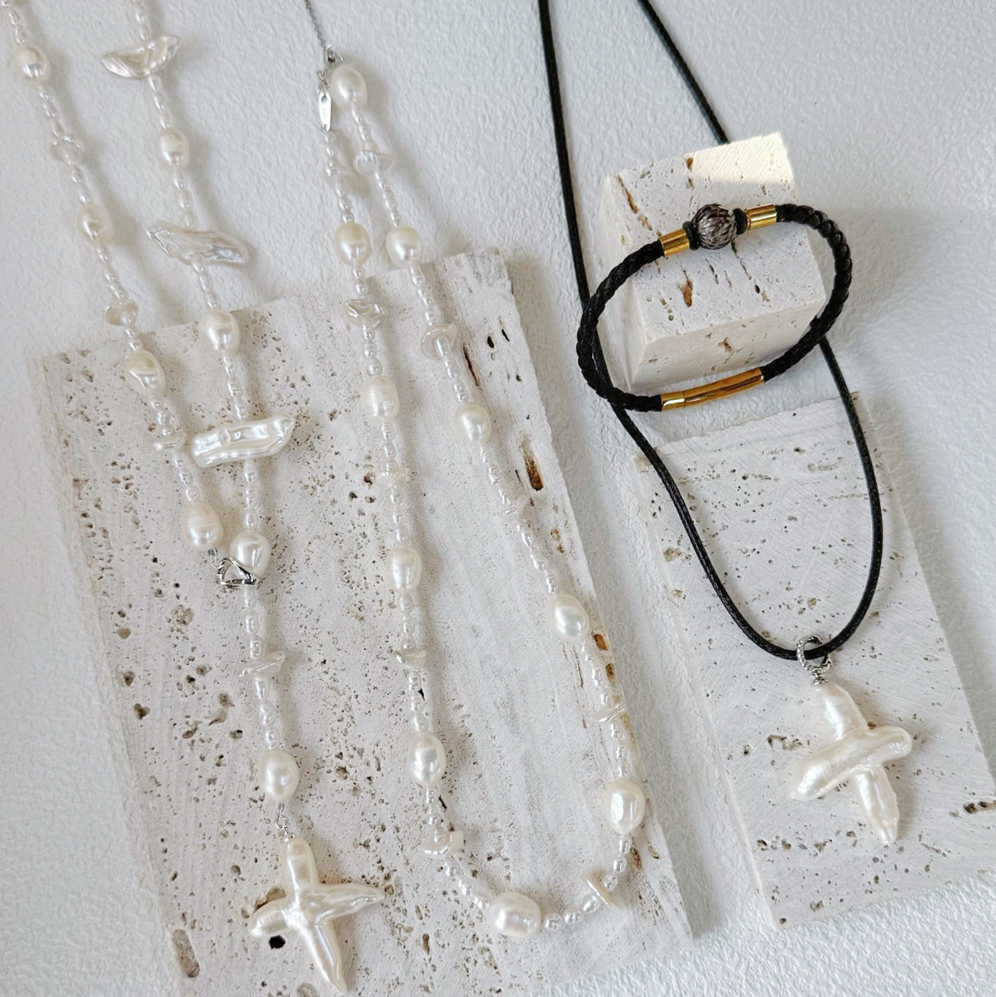 Cross-Shape Baroque Freshwater Pearl Leather Cord Necklace