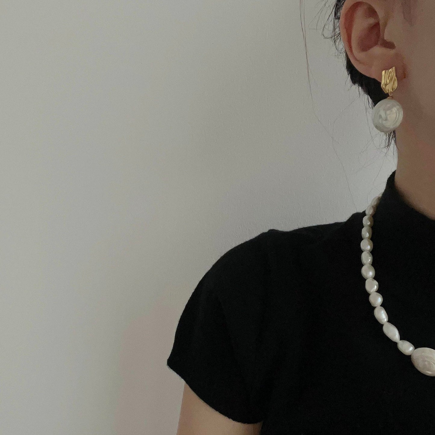 20-22mm Oblate-Shaped Baroque Freshwater Pearl Roman Holiday Metal Drop Earrings