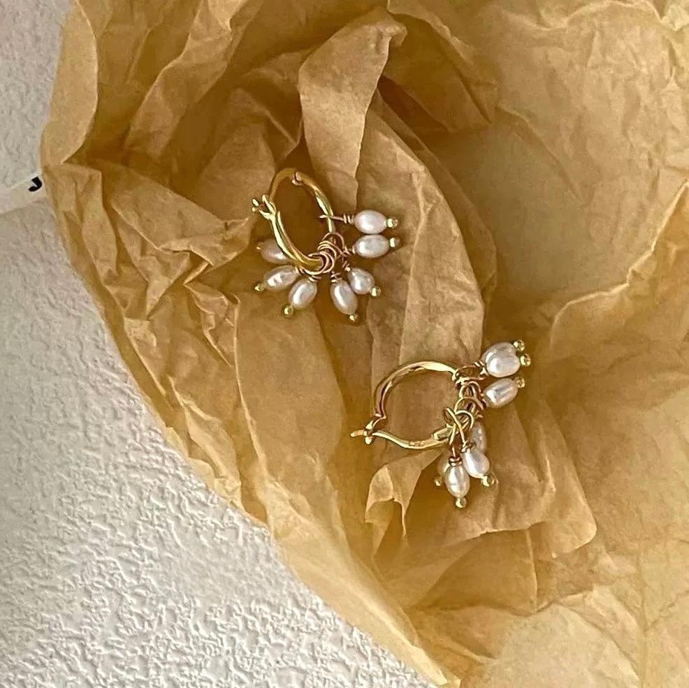 3-4mm White Baroque Freshwater Pearl Flower Bud Hoop Earrings