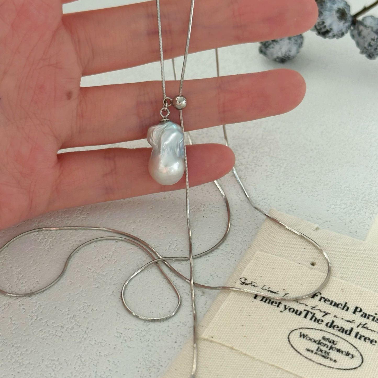 18-22mm Cold White Baroque Freshwater Pearl Drawstring Silver Ball Necklace