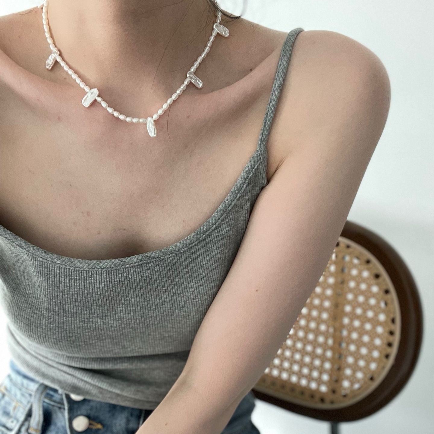 4-5mm Rice-Shaped & Rectangular Baroque Freshwater Pearl Interwoven Neck
