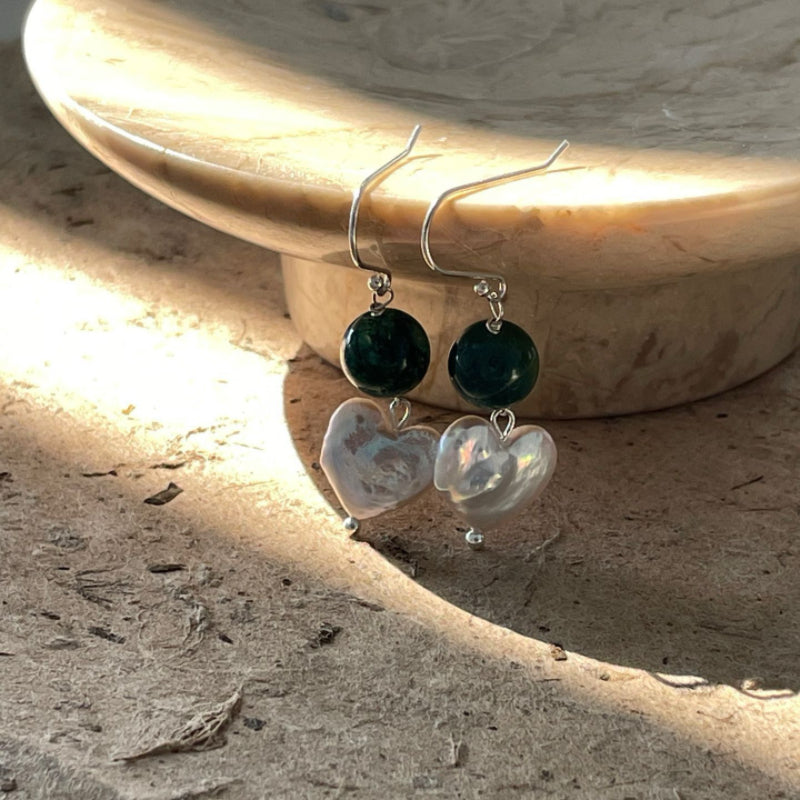 12-15mm Elegant Silver Pearl Drop Earrings with Heart-Shaped Baroque Pearl & Green Agate