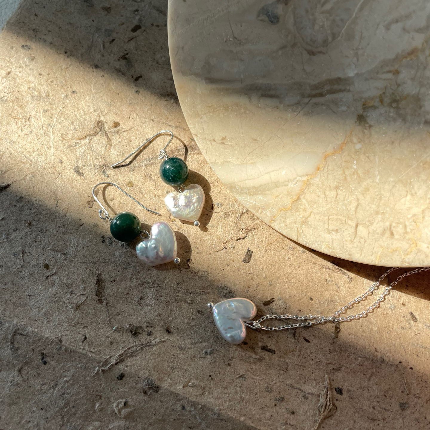 12-15mm Elegant Silver Pearl Drop Earrings with Heart-Shaped Baroque Pearl & Green Agate