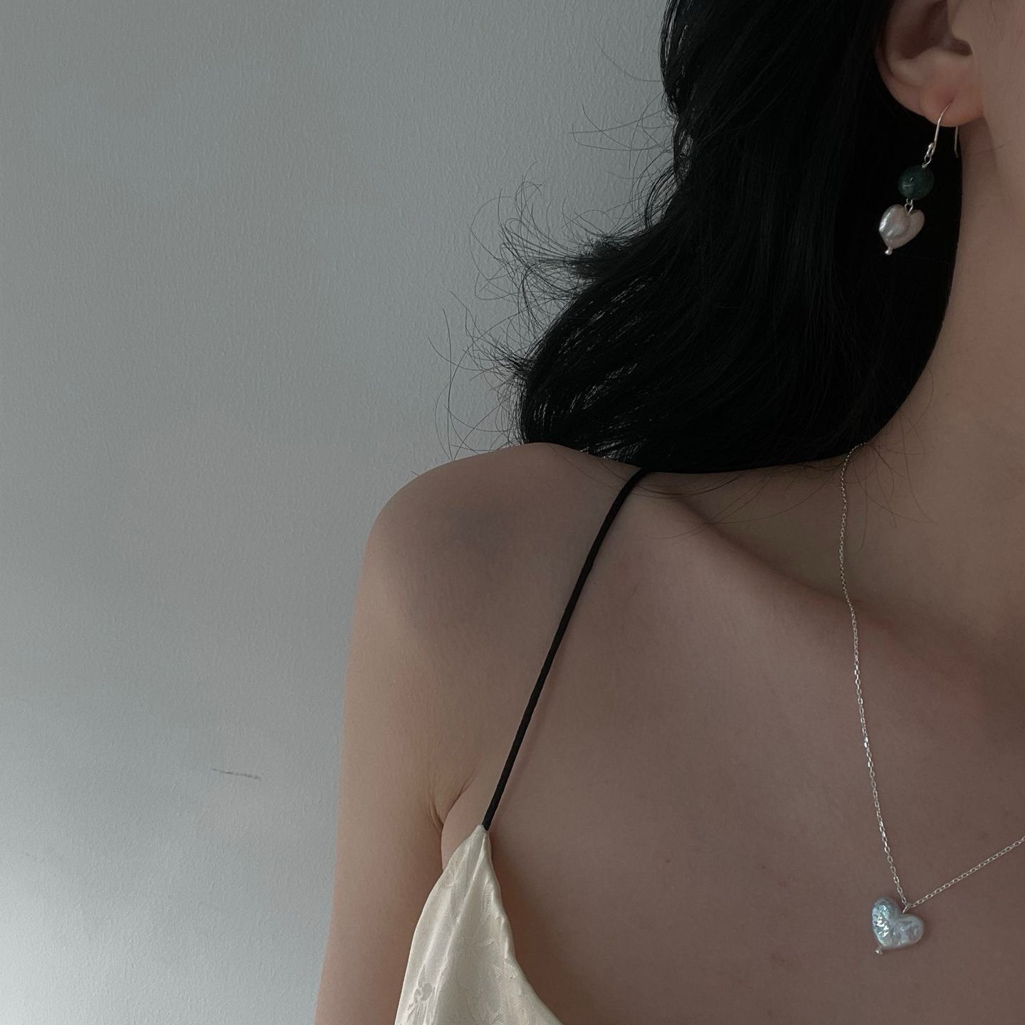 12-15mm Elegant Silver Pearl Drop Earrings with Heart-Shaped Baroque Pearl & Green Agate