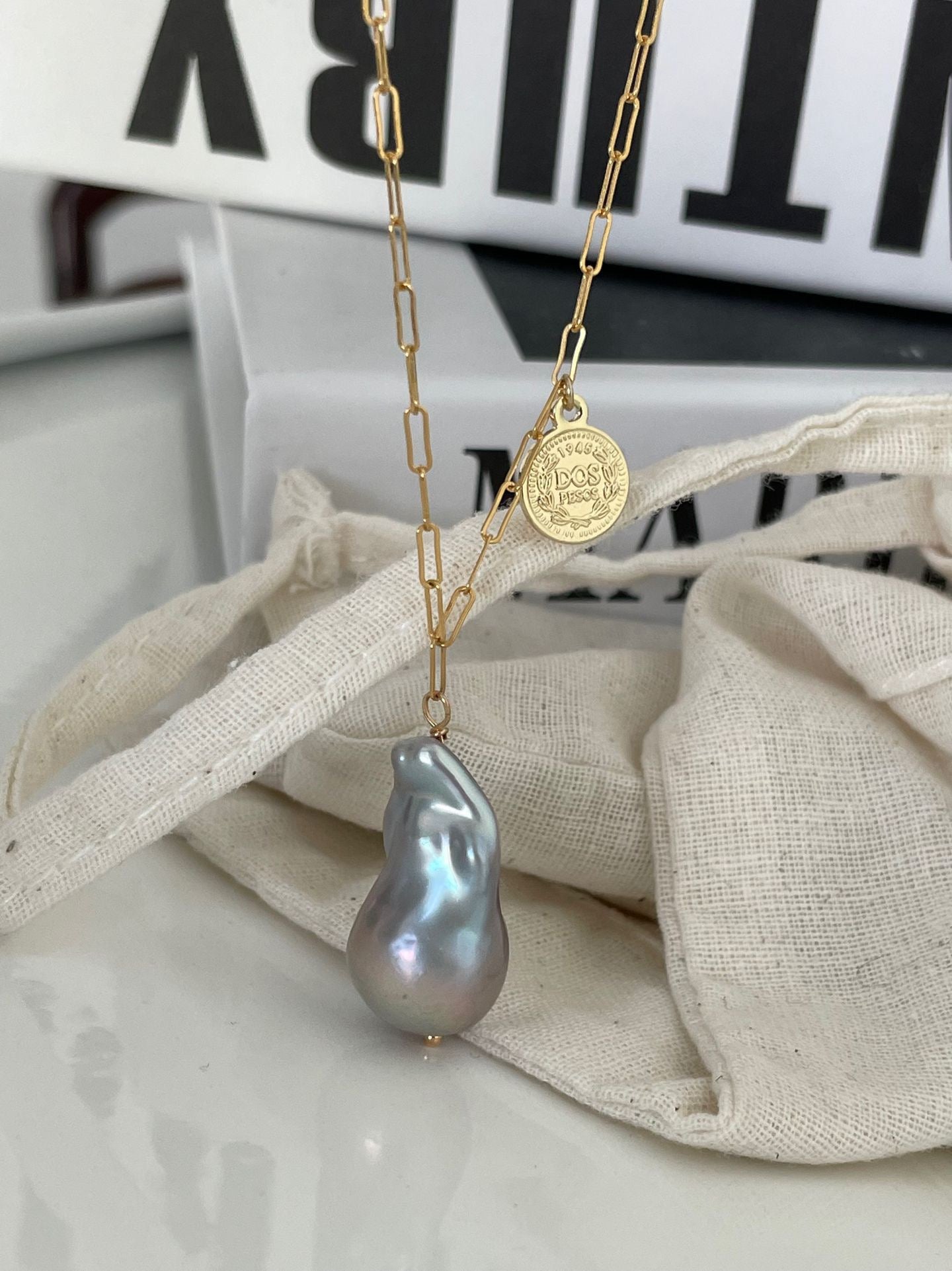 22-26mm Grey Baroque Freshwater Pearl Roman Coin Designer Pendant