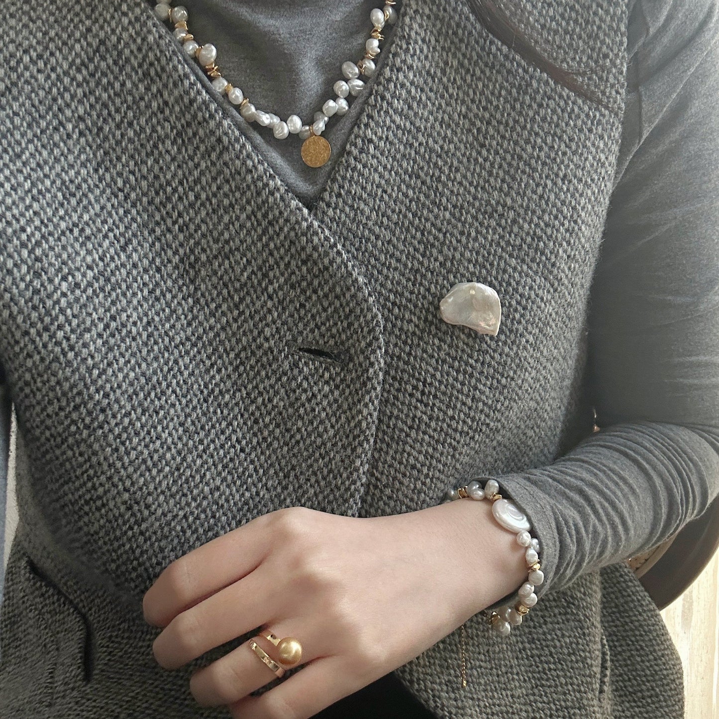 Golden Freshwater Pearl Double-Layer Ring