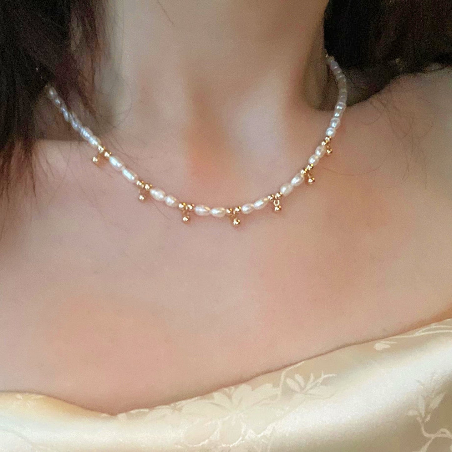 4-5mm Rice-Shaped Baroque Freshwater Pearl 'Ding Dong' Necklace