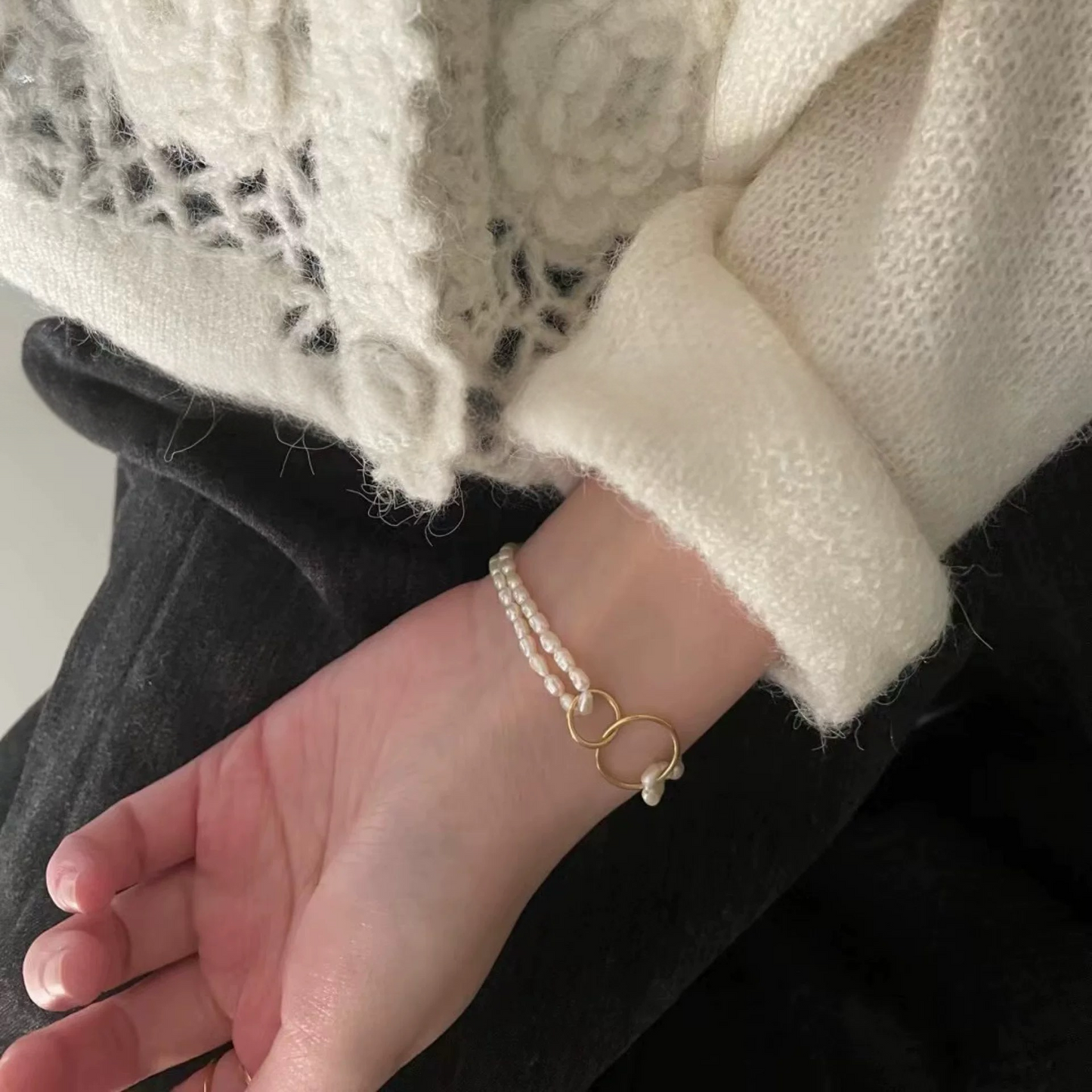 4-6mm Rice-Shaped Baroque Freshwater Pearl Double Ring Bracelet