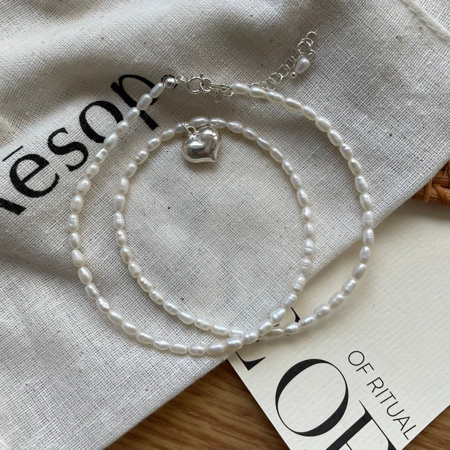 3-4mm Rice-Shaped Baroque Freshwater Pearl Heart Necklace