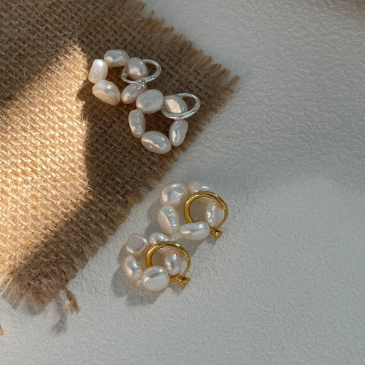 7-8mm Baroque Freshwater Pearl Blossom Hoop Earrings