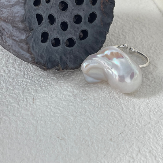 Cool White Giant Nucleated Baroque Freshwater Pearl Silver Ring