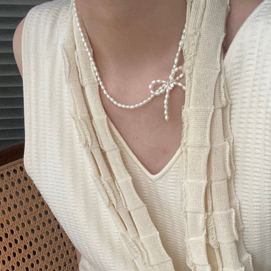 3-4mm Rice-Shaped Baroque Freshwater Pearl 'Sincerest Memories' Bow Necklace