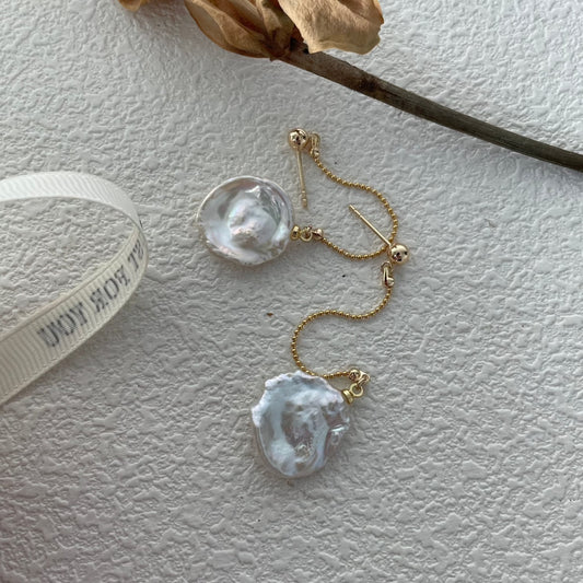 20-22mm Petal-Shaped Baroque Freshwater Pearl Double Chain Earrings