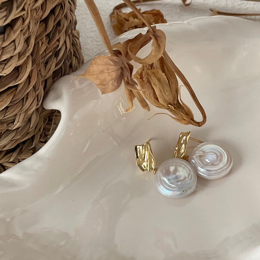 20-22mm Oblate-Shaped Baroque Freshwater Pearl Roman Holiday Metal Drop Earrings