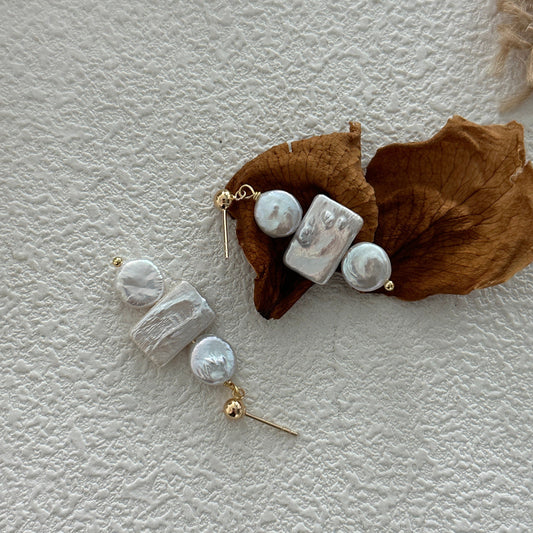 8-10mm White Baroque Freshwater Pearl Geometric Triple Drop Earrings