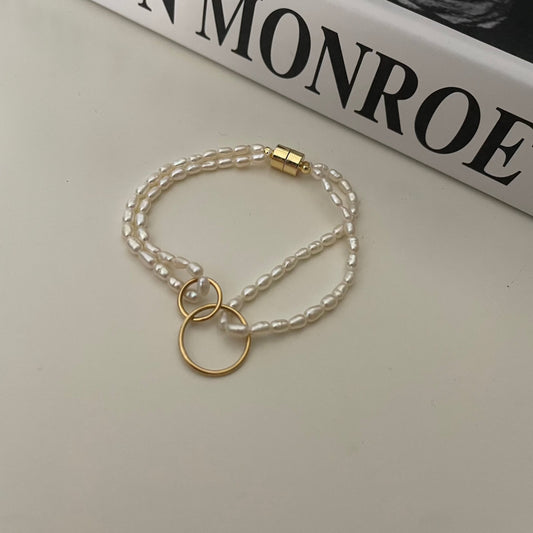 4-6mm Rice-Shaped Baroque Freshwater Pearl Double Ring Bracelet