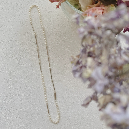 3-4mm Rice-Shaped Baroque Freshwater Pearl Silver Tube Industrial Necklace
