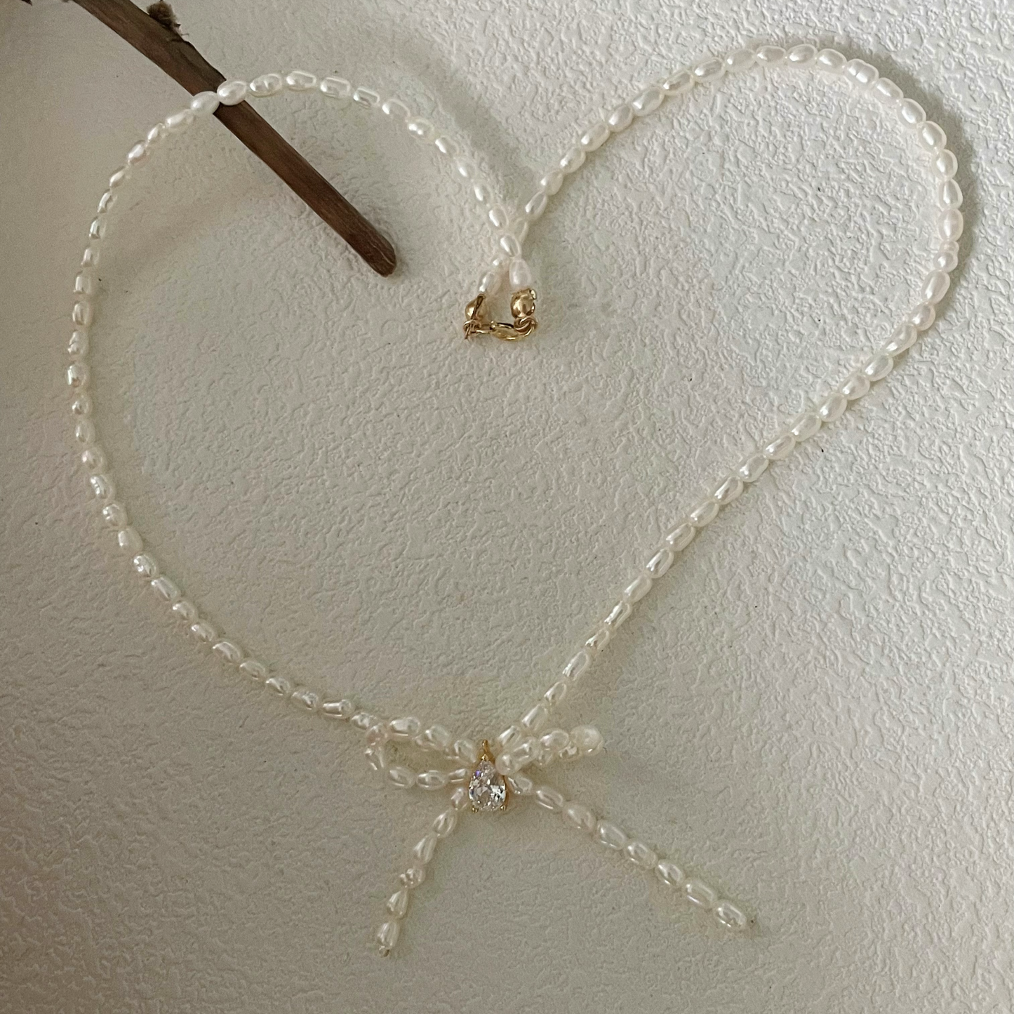 3-4mm Rice-Shaped Baroque Freshwater Pearl 'Sincerest Memories' Bow Necklace