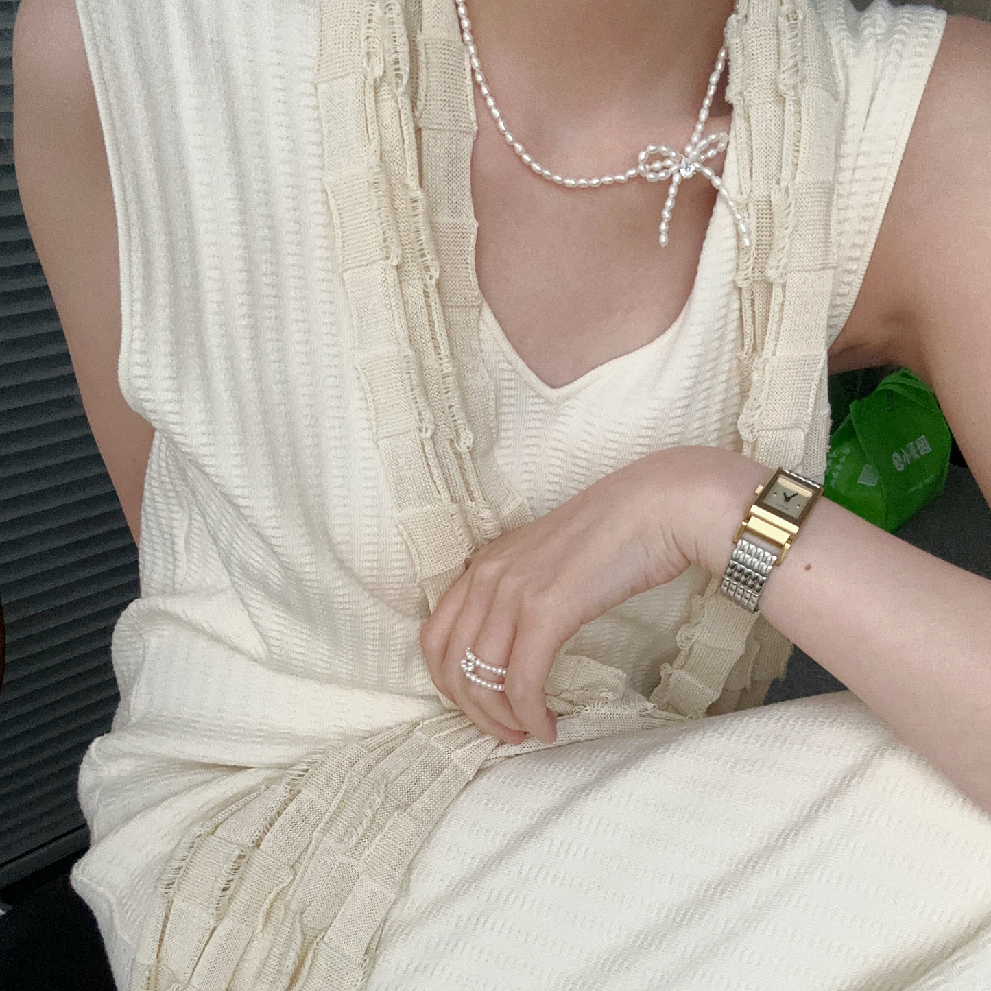 3-4mm Rice-Shaped Baroque Freshwater Pearl 'Sincerest Memories' Bow Necklace
