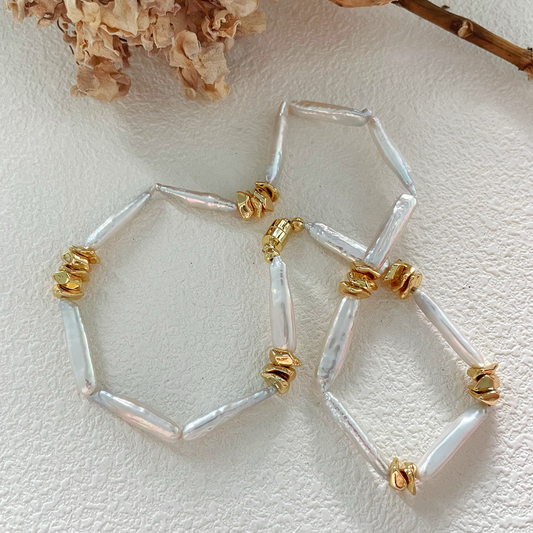 25-30mm Long-Shaped Baroque Freshwater Pearl Golden Splice Necklace