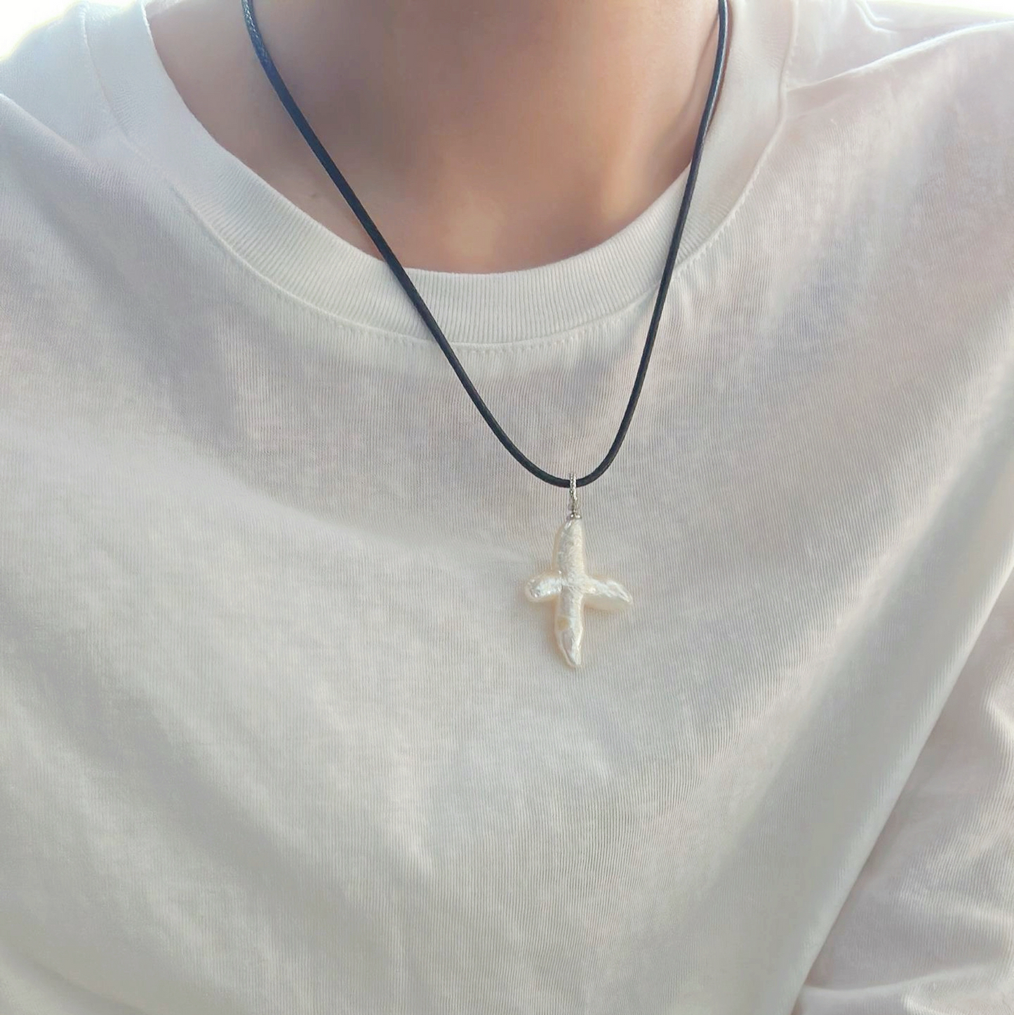 Cross-Shape Baroque Freshwater Pearl Leather Cord Necklace