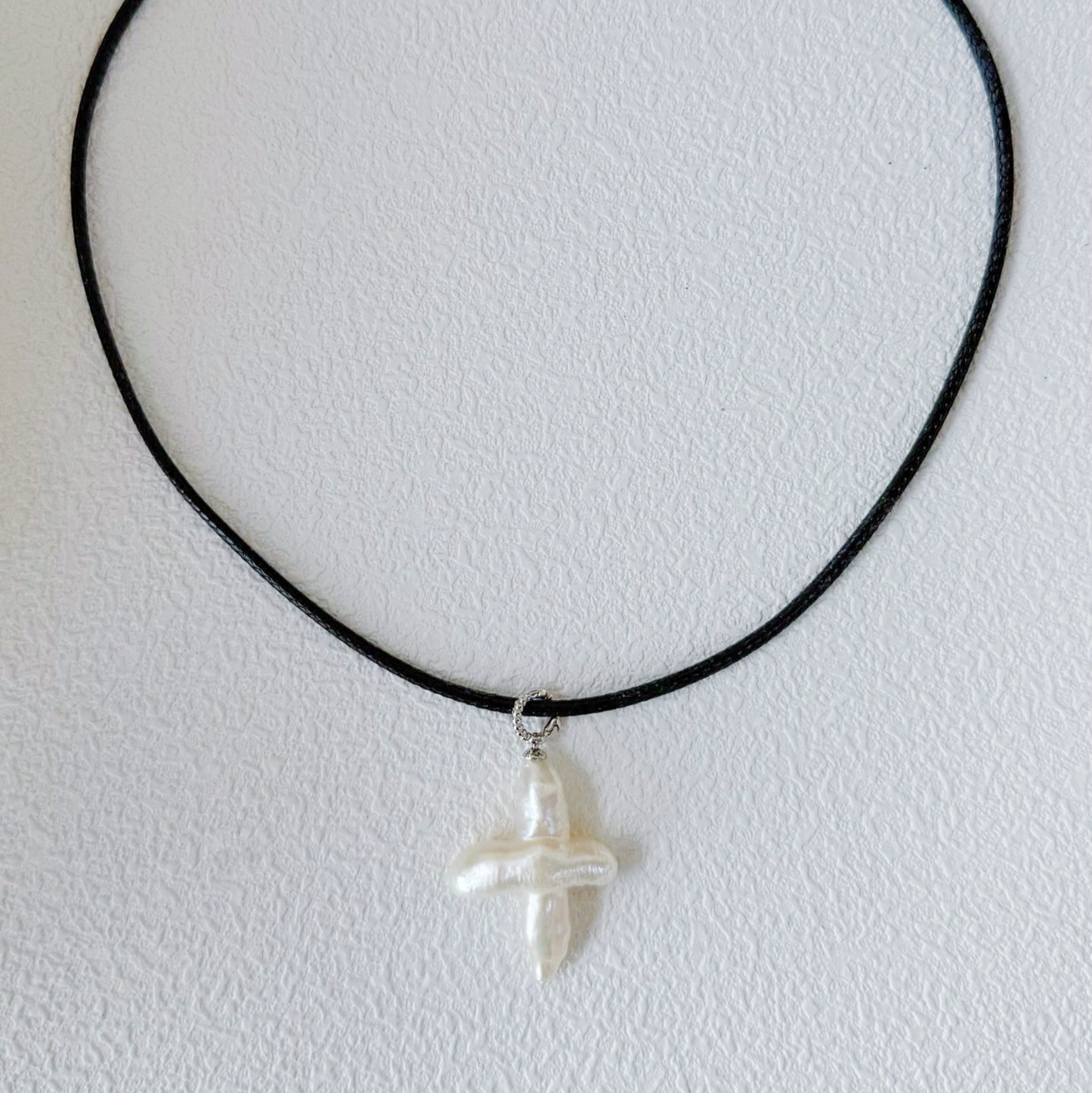 Cross-Shape Baroque Freshwater Pearl Leather Cord Necklace
