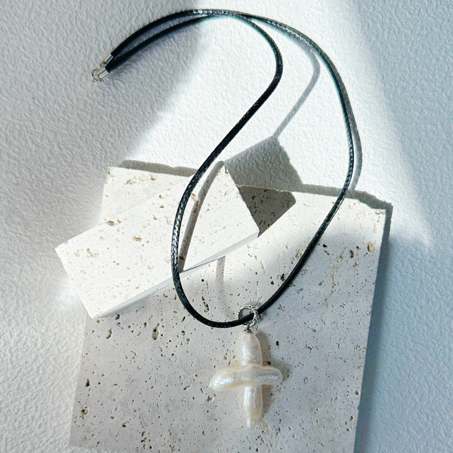 Cross-Shape Baroque Freshwater Pearl Leather Cord Necklace