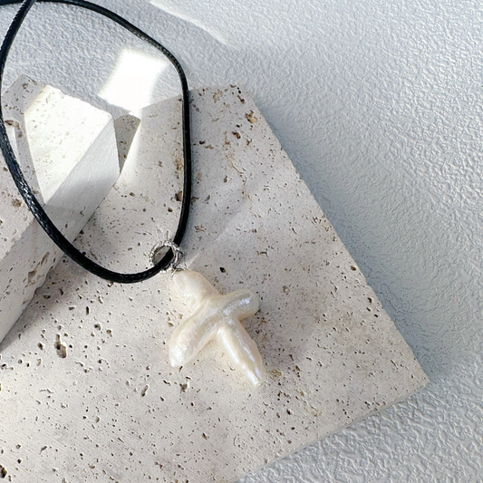 Cross-Shape Baroque Freshwater Pearl Leather Cord Necklace